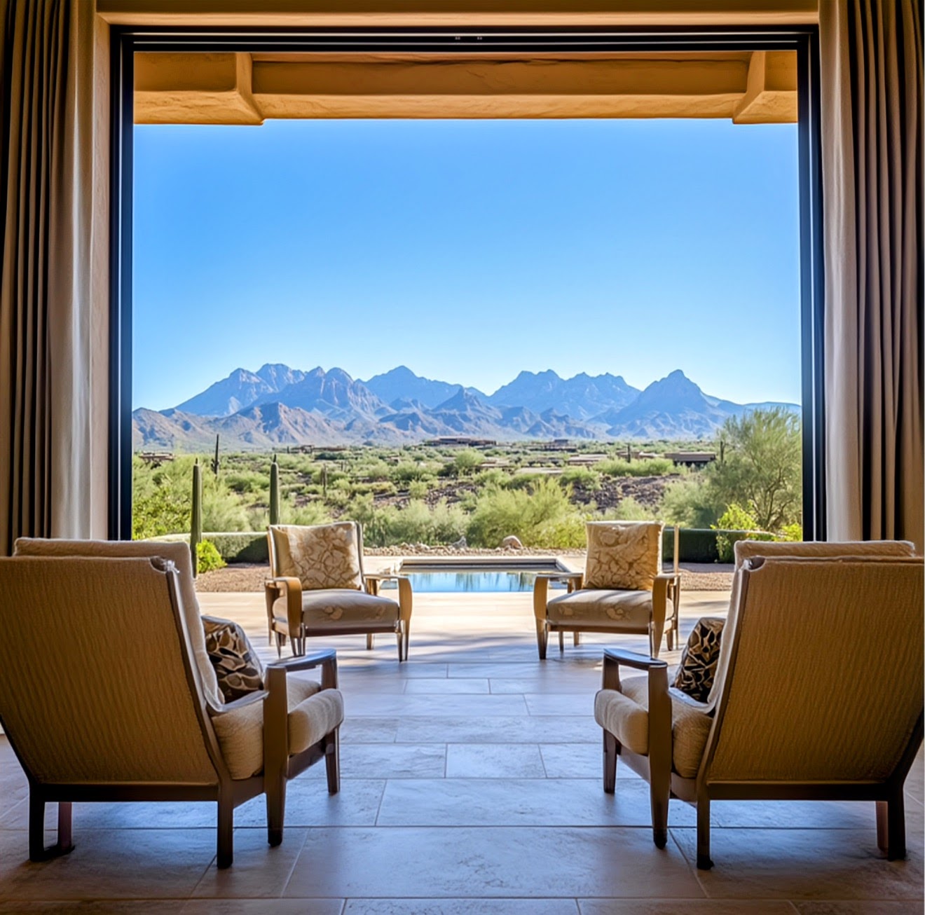 Sitting room with a mountain view