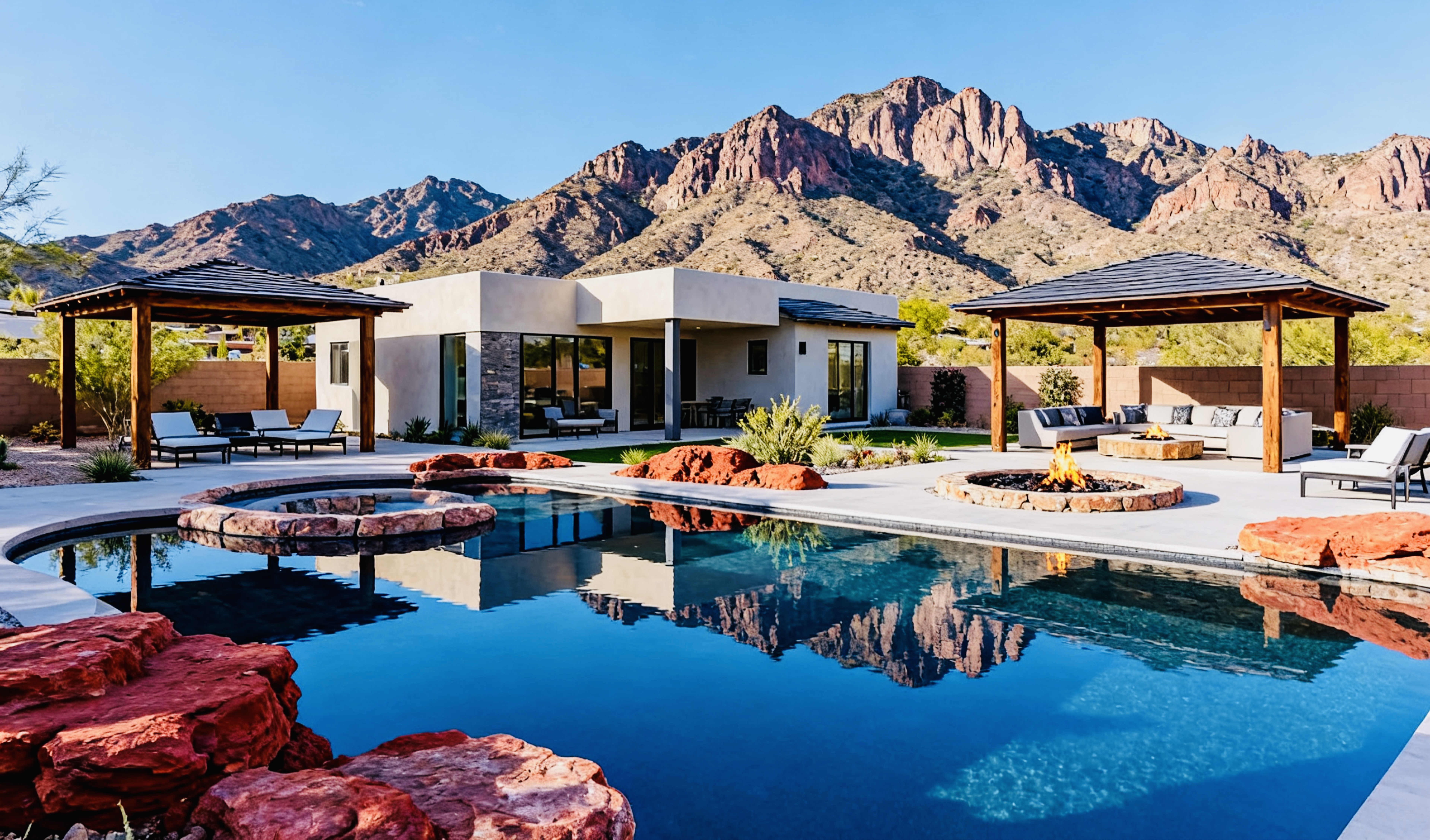 Resort-style backyard pool with mountain views in Paradise Valley