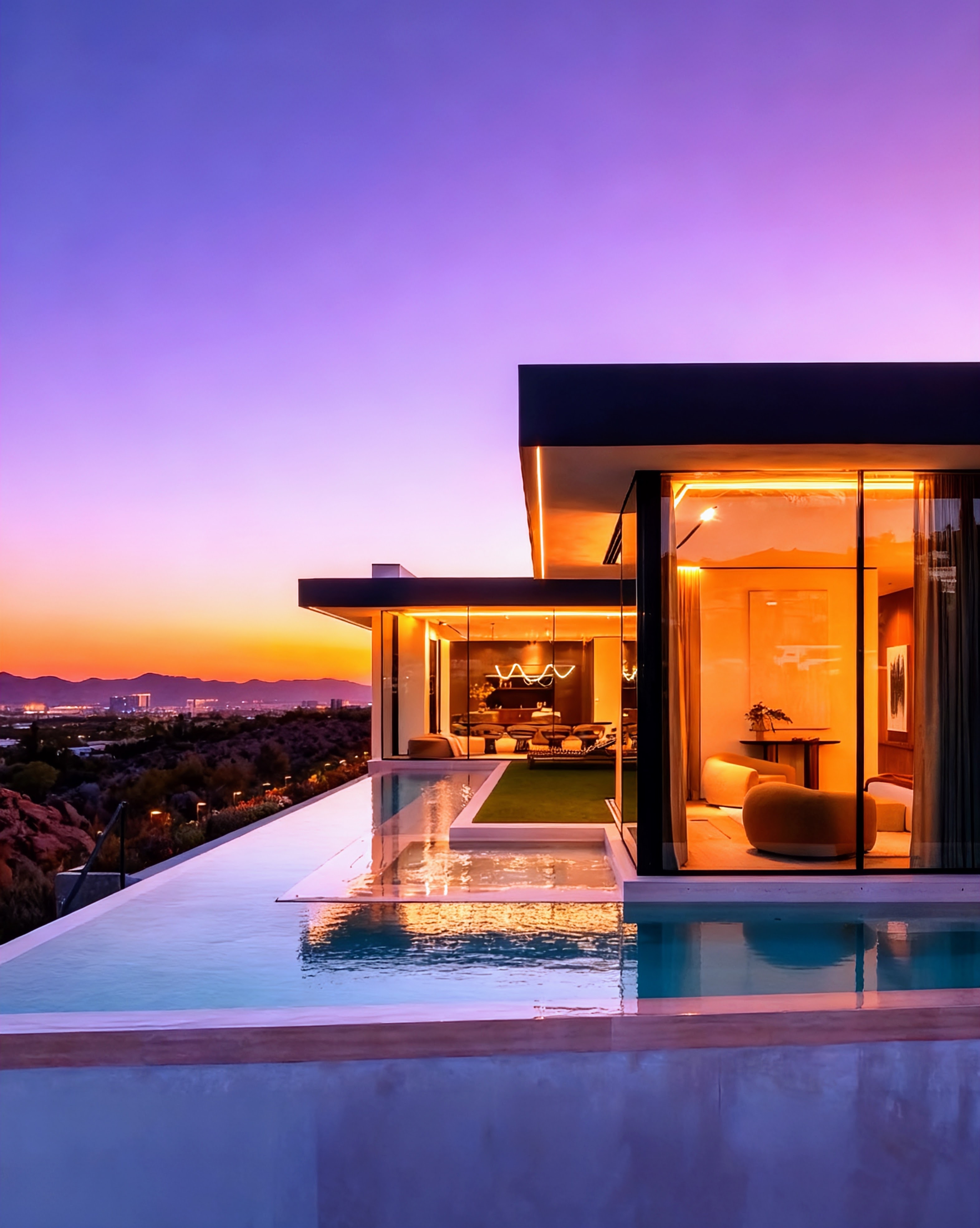 Glass-walled custom home glowing at sunset