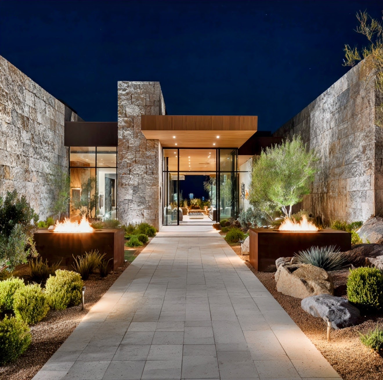 Stone and glass entry of a custom Paradise Valley estate at dusk