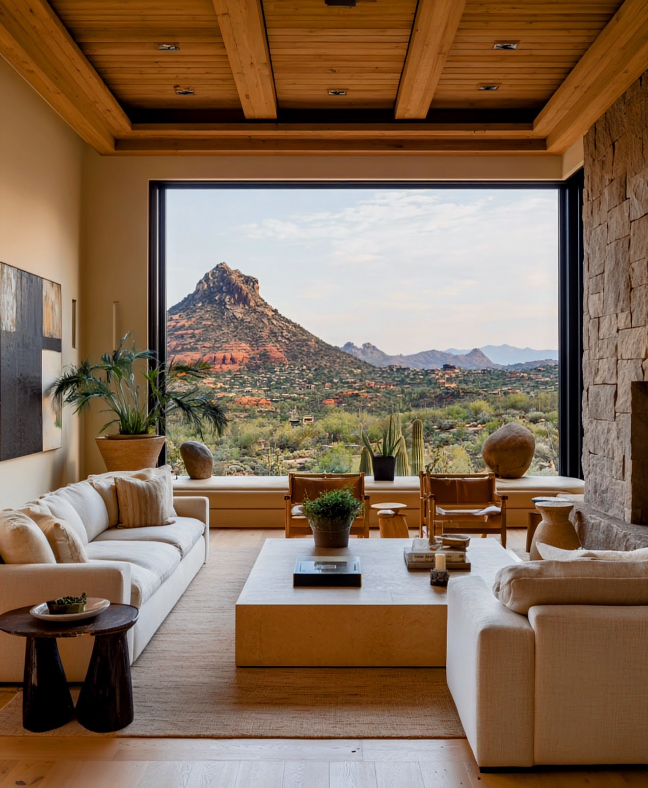 Living room framing a mountain view through a floor-to-ceiling window