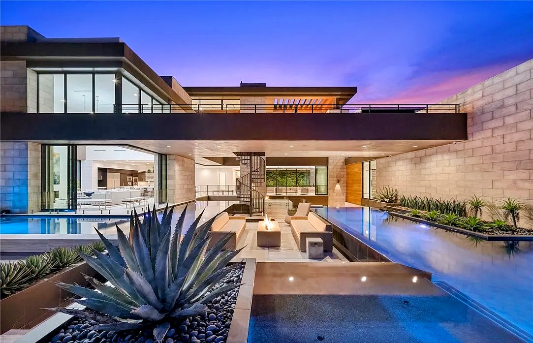 Custom estate exterior at dusk